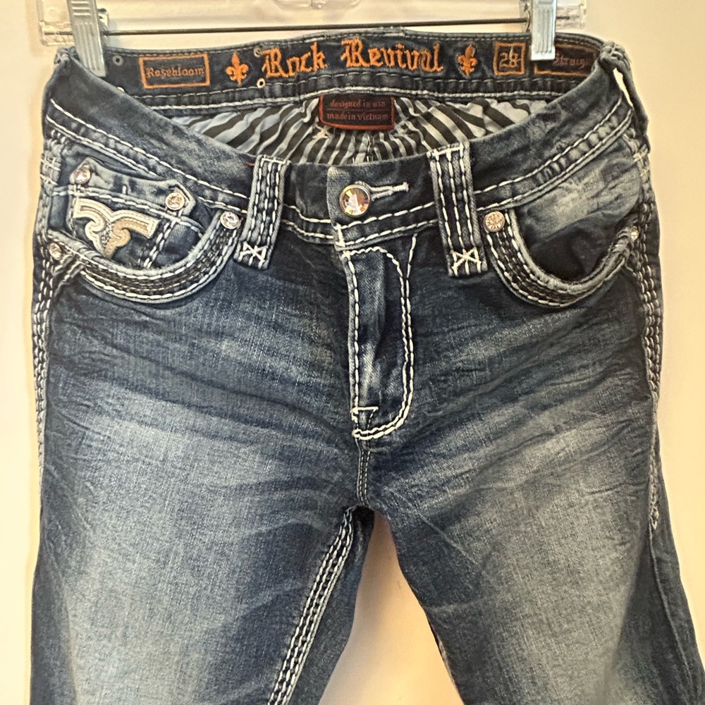 Rock Revival Women’s Denim Jeans with Rhinestones Metallic Embroidered pockets